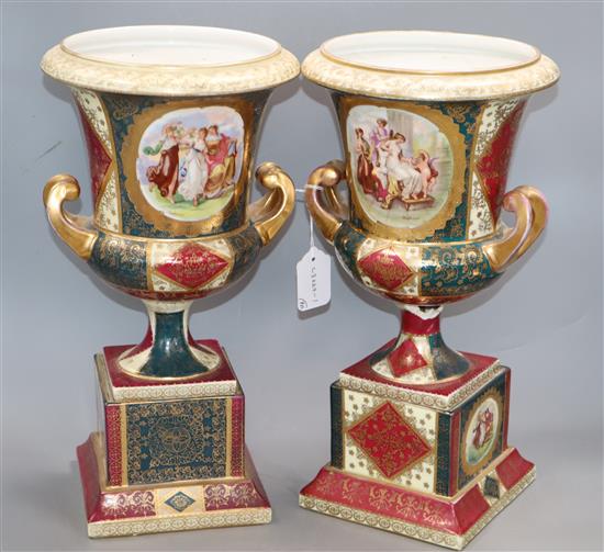 A pair of large Vienna-style campana vases and pedestals height 40cm